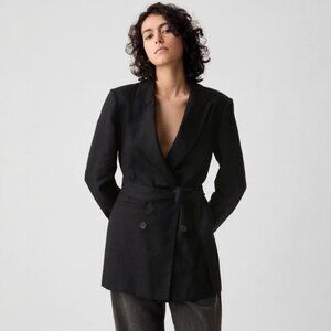Gap Linen Blend Belted Blazer Women XS Double Breasted Jacket Black Relaxed